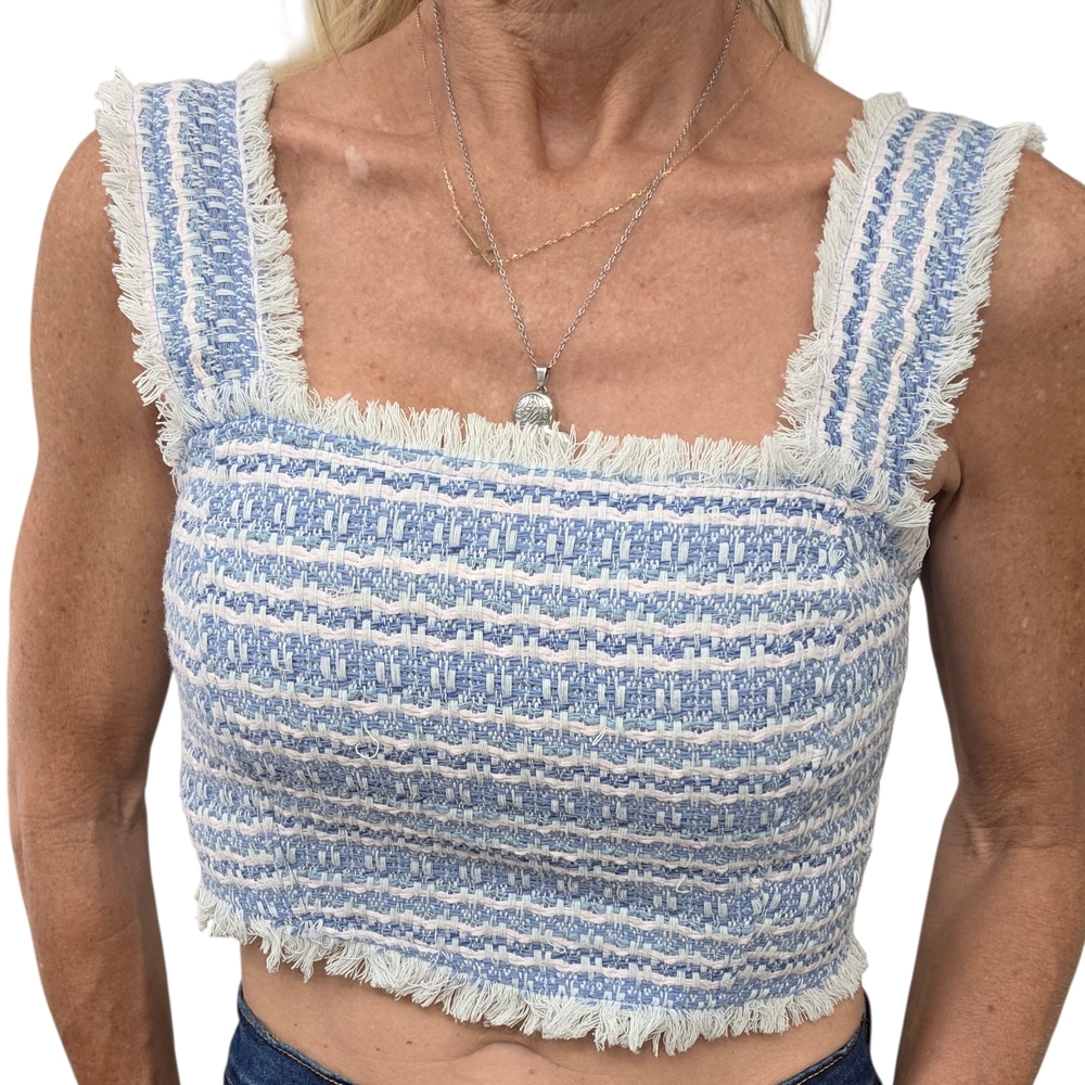 House of Harlow 1960 Blue Tweed Fringe Crop Top Square Neck 6